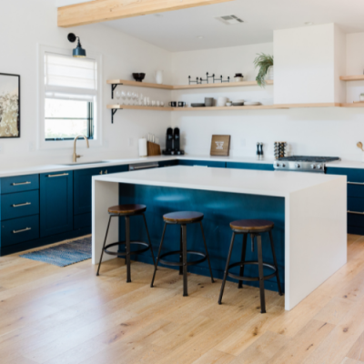 kitchen with wood flooring, white and blue fixtures